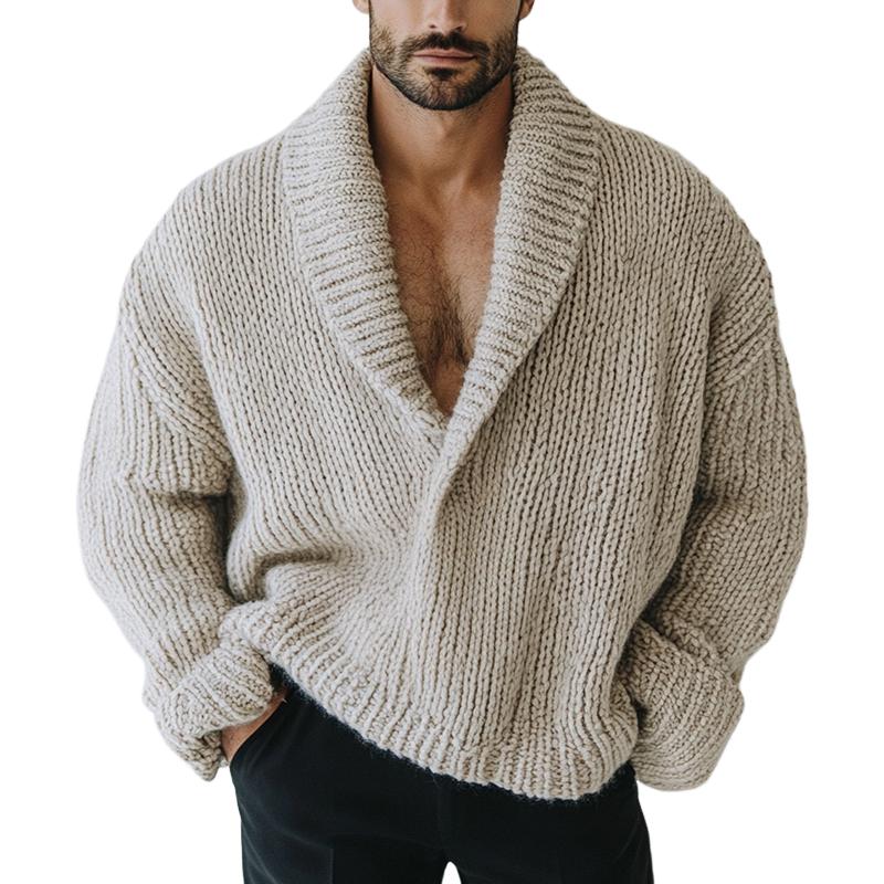 Men's chunky knit shawl collar jumper Sutton in Beige – front view, cut-out