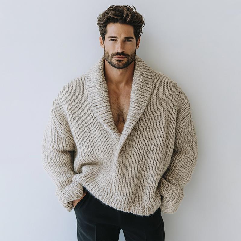 Men's chunky knit shawl collar jumper Sutton in Beige – full upper-body view, oversized fit