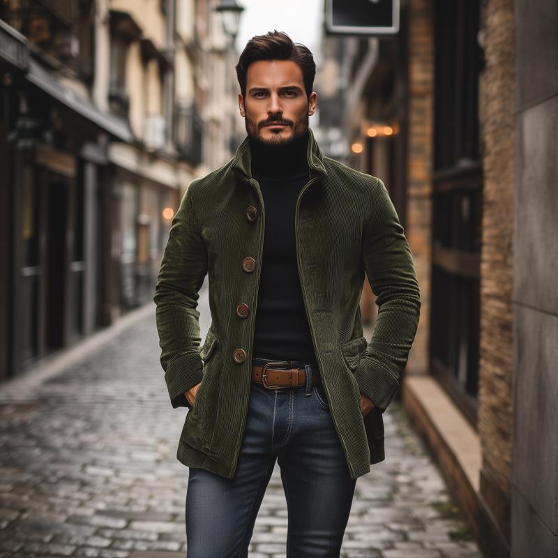 Men's corduroy coat Dorrington in Green – single-breasted style, full view outdoors