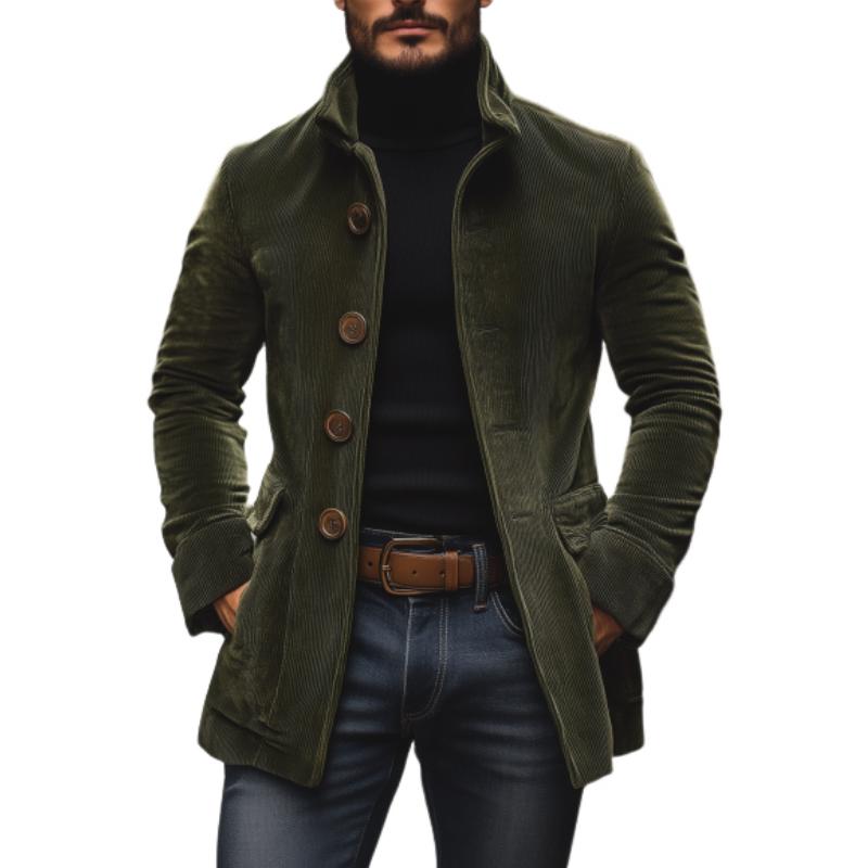 Men's corduroy coat Dorrington in Green – single-breasted style, front view