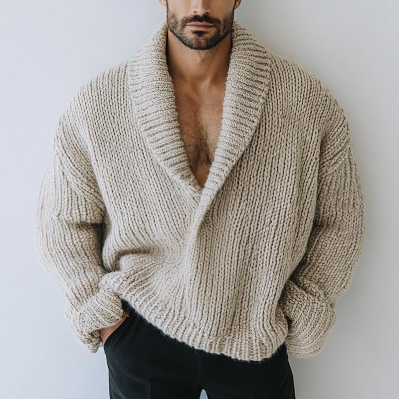 Men's chunky knit shawl collar jumper Sutton in Beige – front view on model