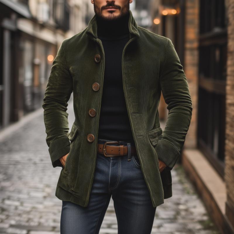 Men's corduroy coat Dorrington in Green – single-breasted style, worn outdoors