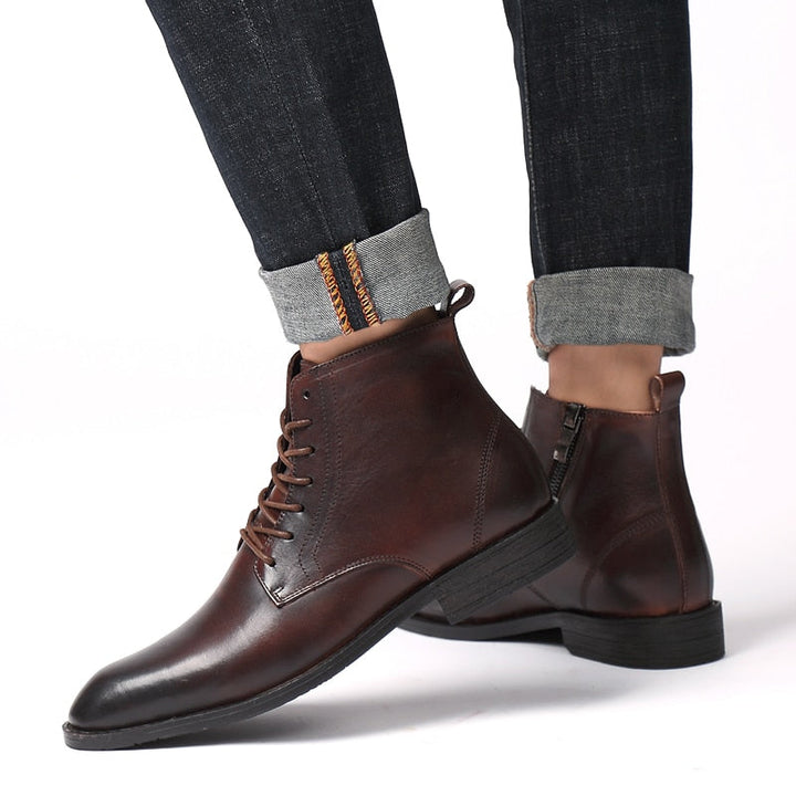 Men's lace-up dress boots Rutland in Dark Brown – worn with turned-up jeans
