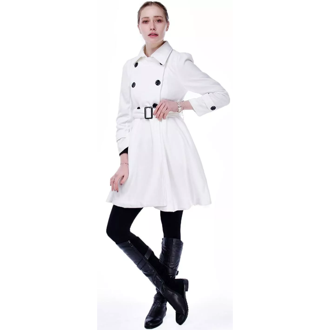 Women's fit and flare coat Ottoline in White – belted worn view