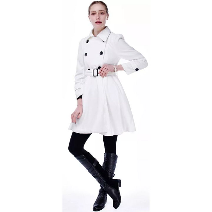 Women's fit and flare coat Ottoline in White – belted worn view