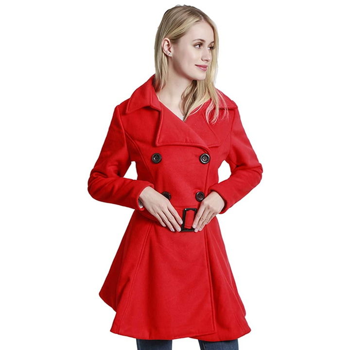 Women's fit and flare coat Ottoline in Red – worn front view