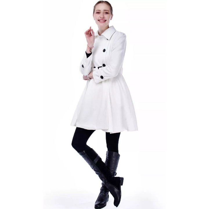 Women's fit and flare coat Ottoline in White – full-length worn view
