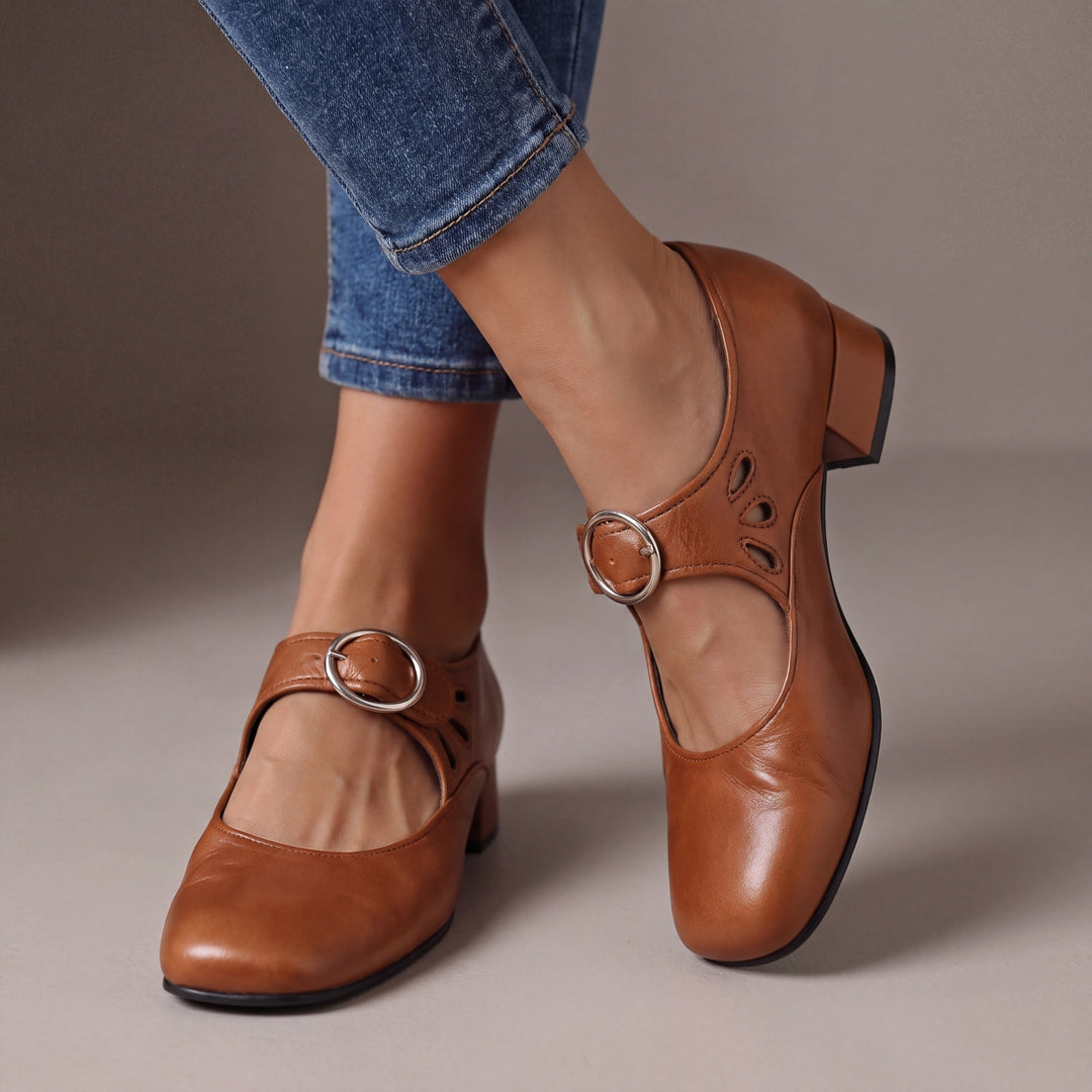 Women's Leather Block Heel Mary Janes – Josephine