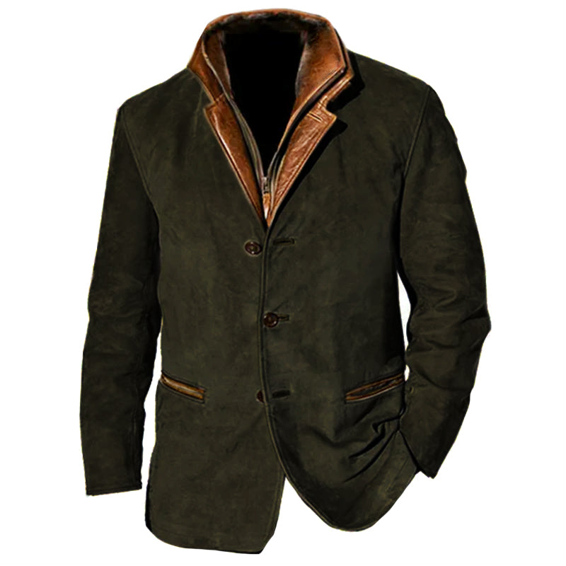 Men's Suede-Effect Fur-Look Collar Jacket Bruce in Green – front view