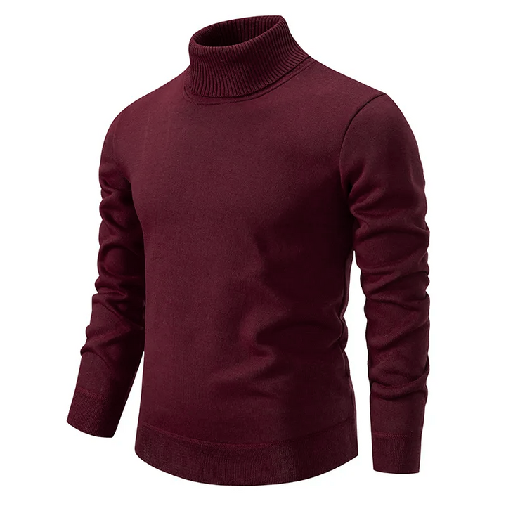 Men's burgundy fine knit roll neck jumper – front view
