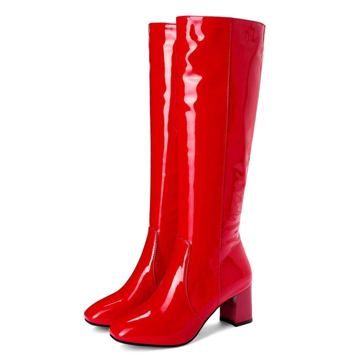 Women's Knee-High Boots with Block Heel and Glossy Finish