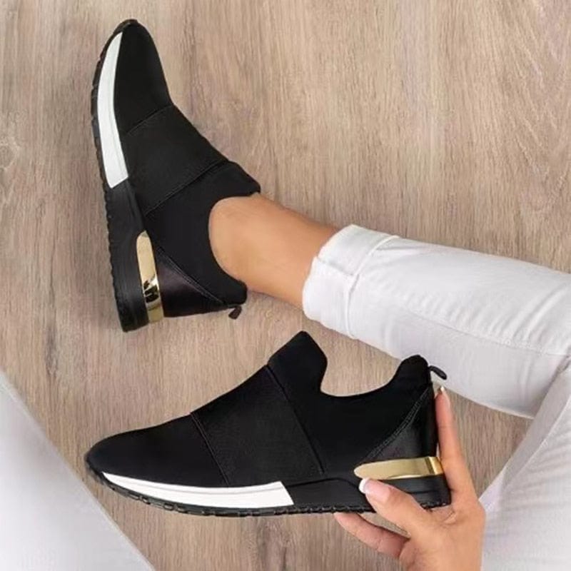 Women's Black Slip-On Wedge Trainers with Gold Detail