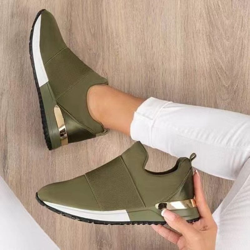 Women's Black Slip-On Wedge Trainers with Gold Detail