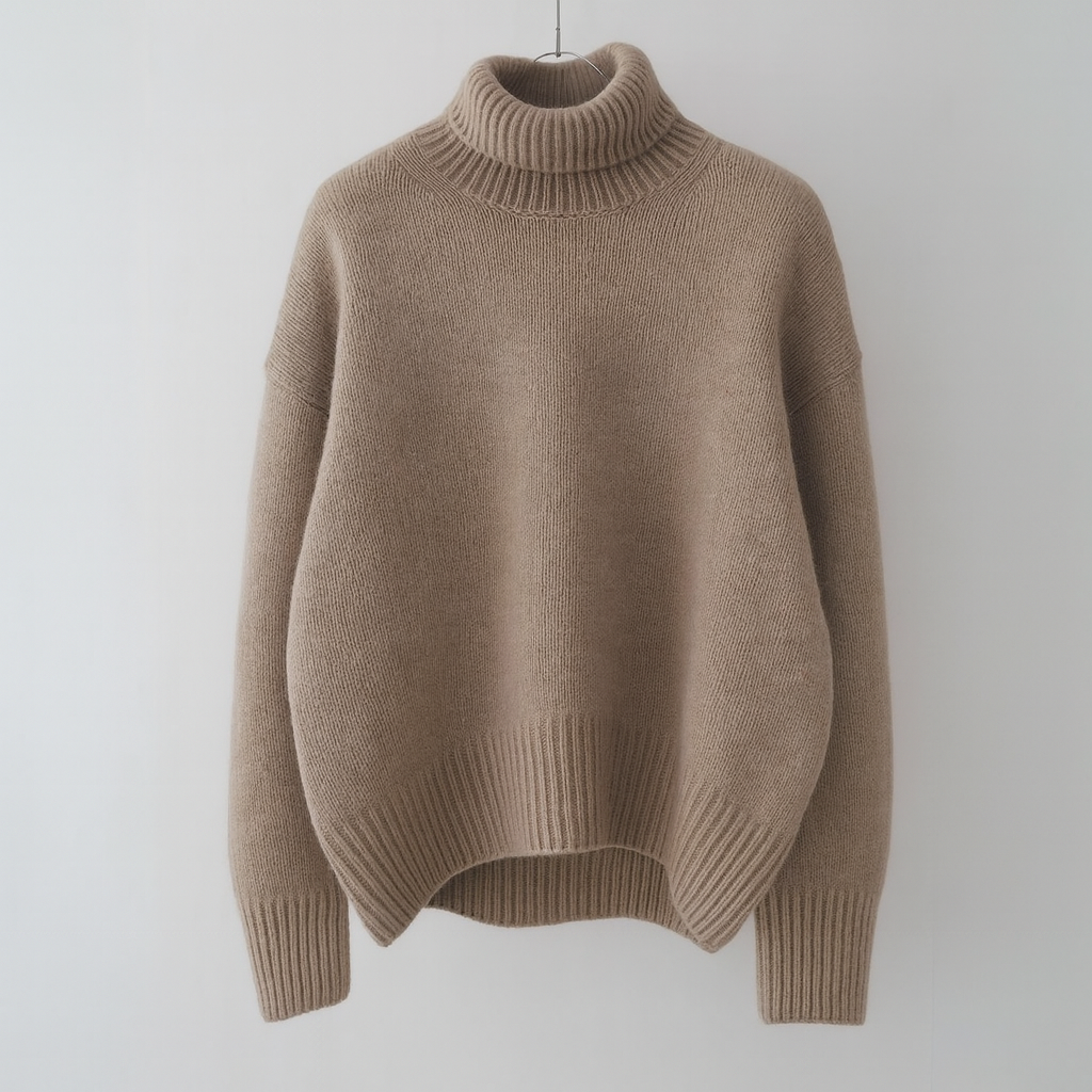 Lucretia - Women's roll neck jumper in Brown – flat lay