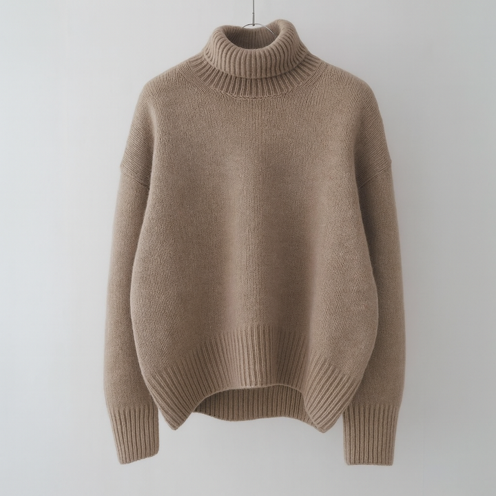 Lucretia - Women's roll neck jumper in Brown – flat lay