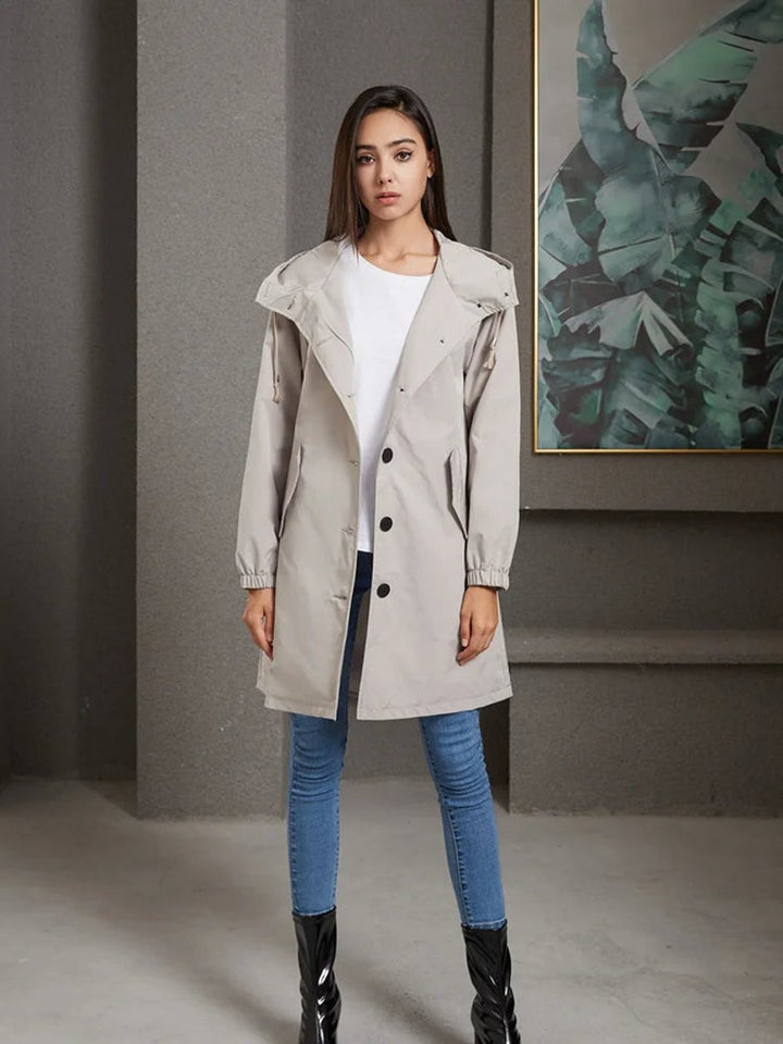 Women's Water-Resistant Hooded Trench Coat Button-Front