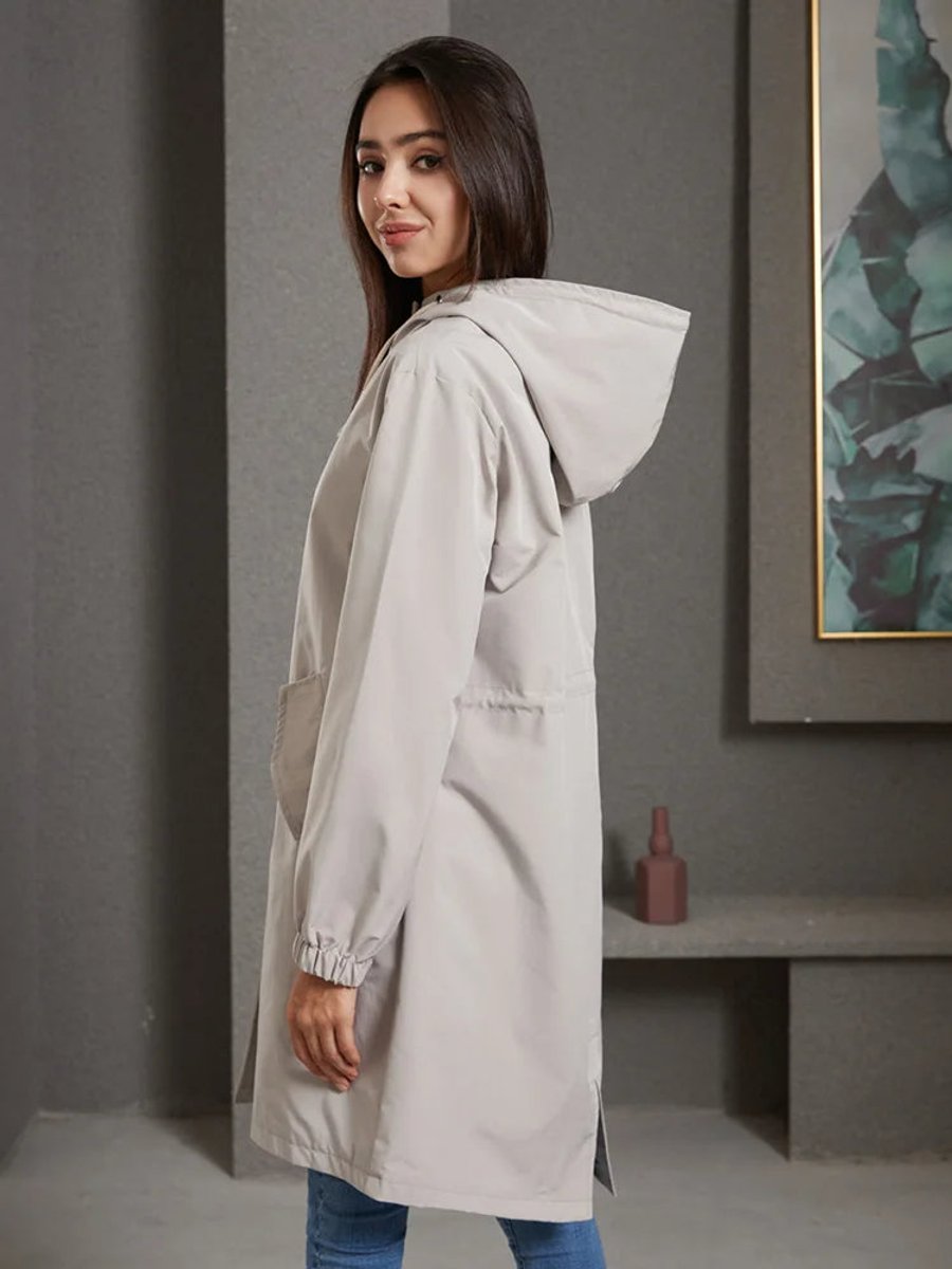Women's Water-Resistant Hooded Trench Coat Button-Front