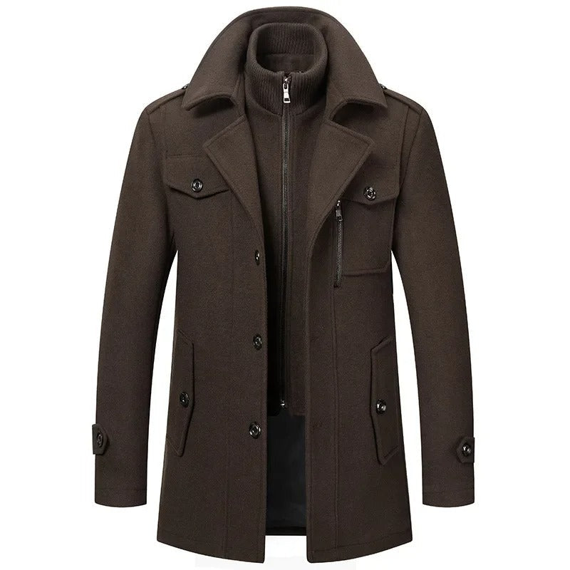 Men's 2-in-1 overcoat with zip bib collar Calder in Coffee – front view