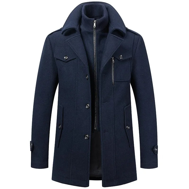 Men's 2-in-1 overcoat with zip bib collar Calder in Blue – front view