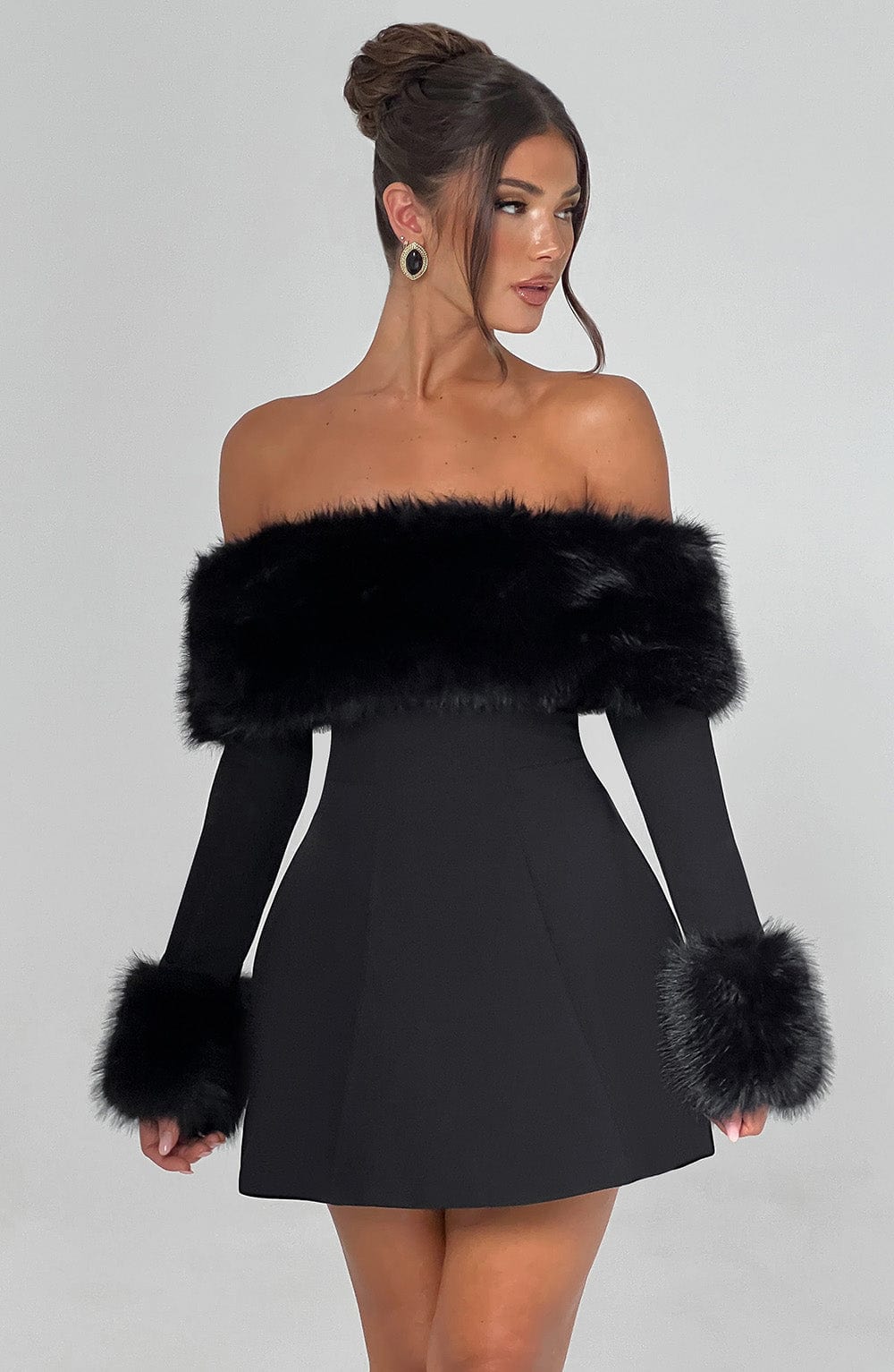 Venyra™ | Off-the-shoulder mini dress with fur sleeves