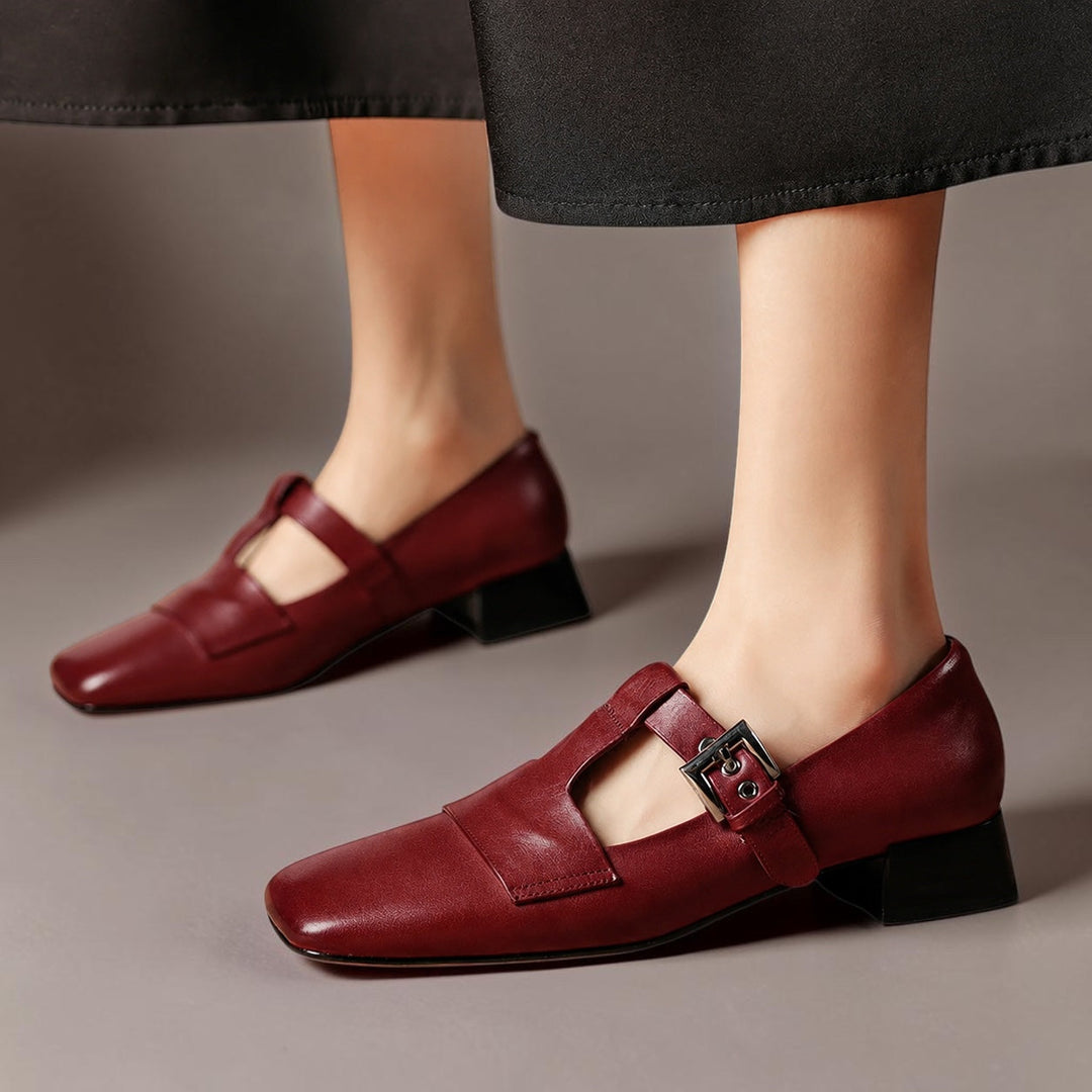 Women's Leather T-Bar Block Heel Shoes – Veyra