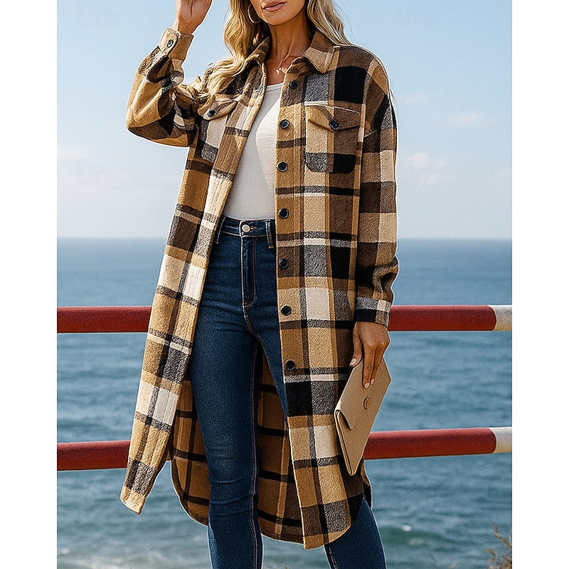 Women's Checked Longline Coat with Button Front