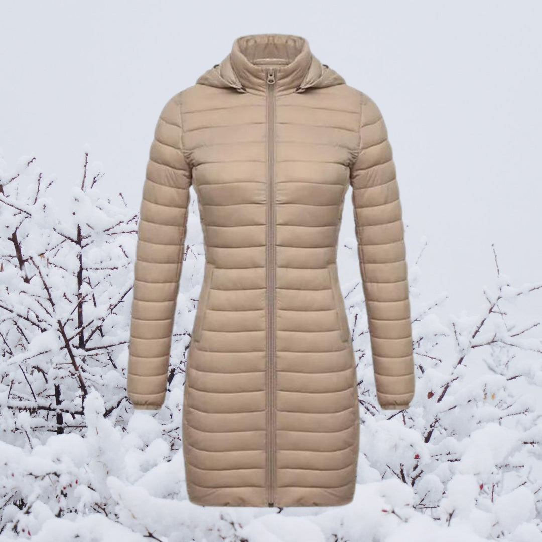 Women's long puffer coat Justina in Beige – front view