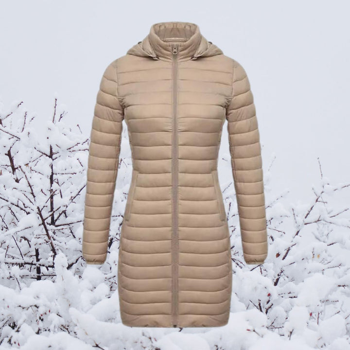Women's long puffer coat Justina in Beige – front view