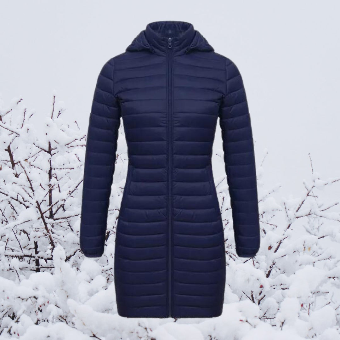Women's long puffer coat Justina in Navy – front view