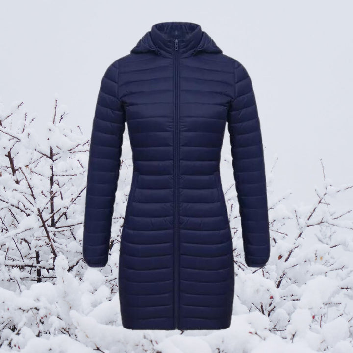 Women's long puffer coat Justina in Navy – front view