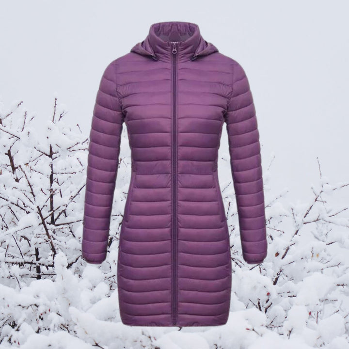 Women's long puffer coat Justina in Lilac – front view