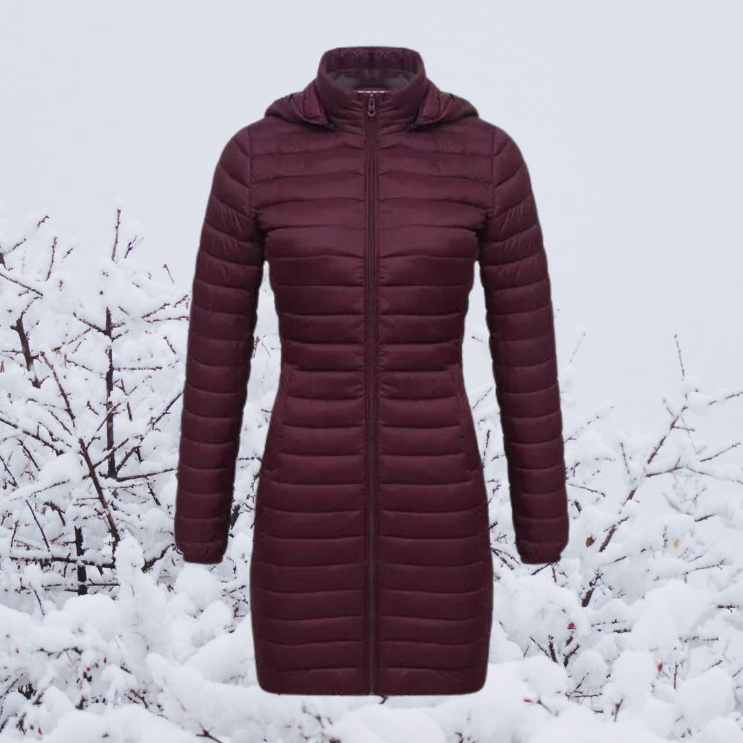 Women's long puffer coat Justina in Burgundy – front view