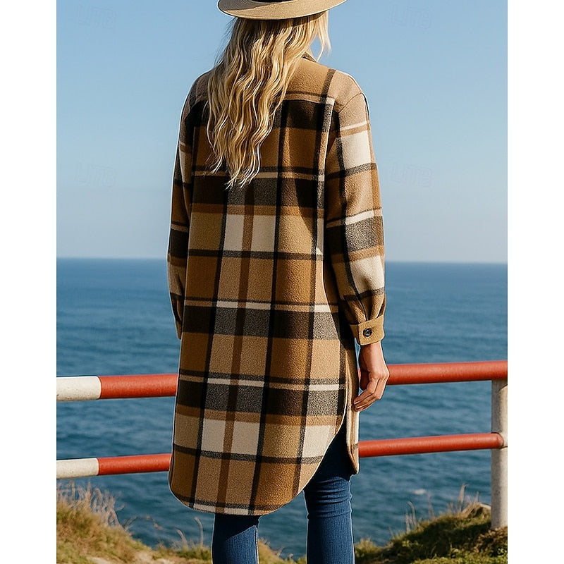Women's Checked Longline Coat with Button Front