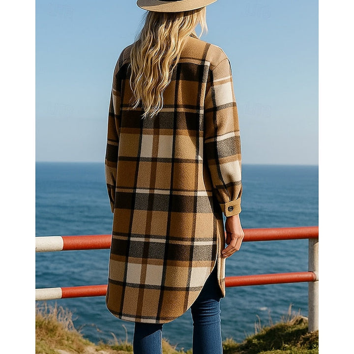 Women's Checked Longline Coat with Button Front