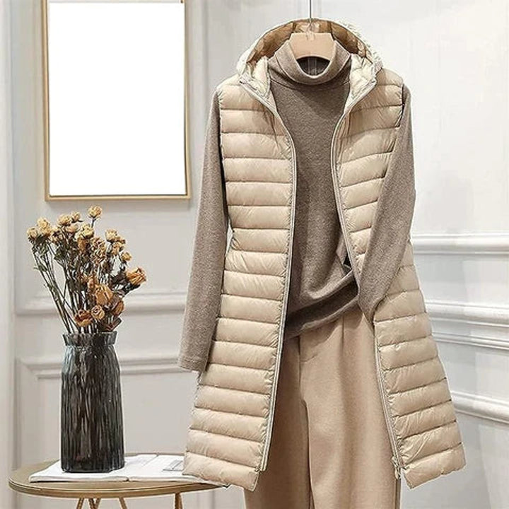 Women's long quilted gilet Ernestina in Khaki – front view on hanger