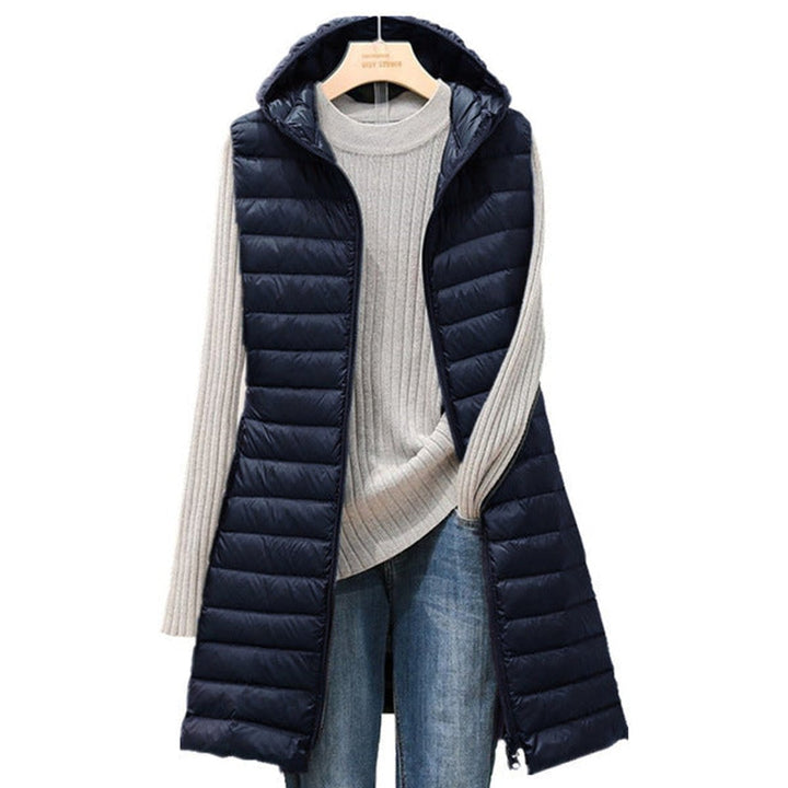 Women's long quilted gilet Ernestina in Navy – front view on hanger