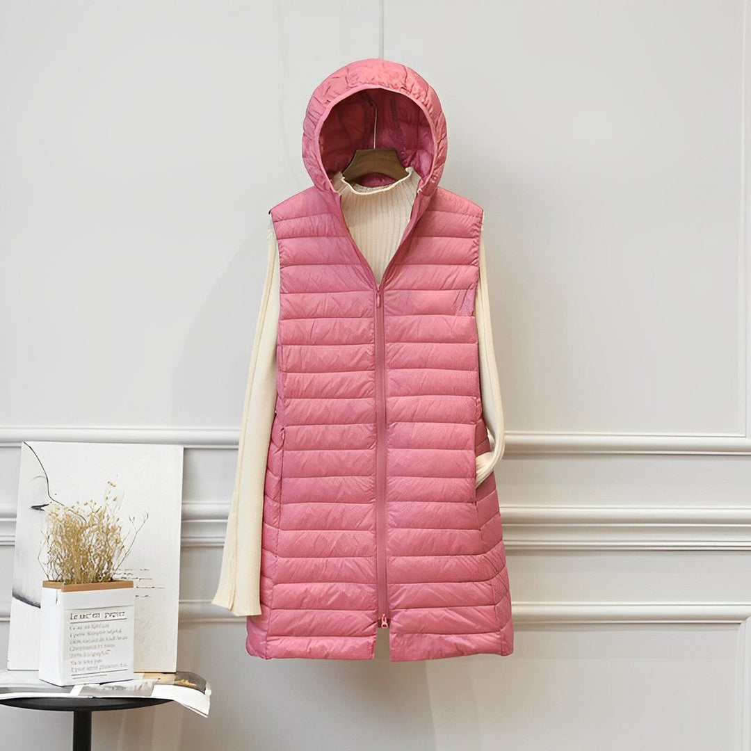 Women's long quilted gilet Ernestina in Pink – front view on hanger
