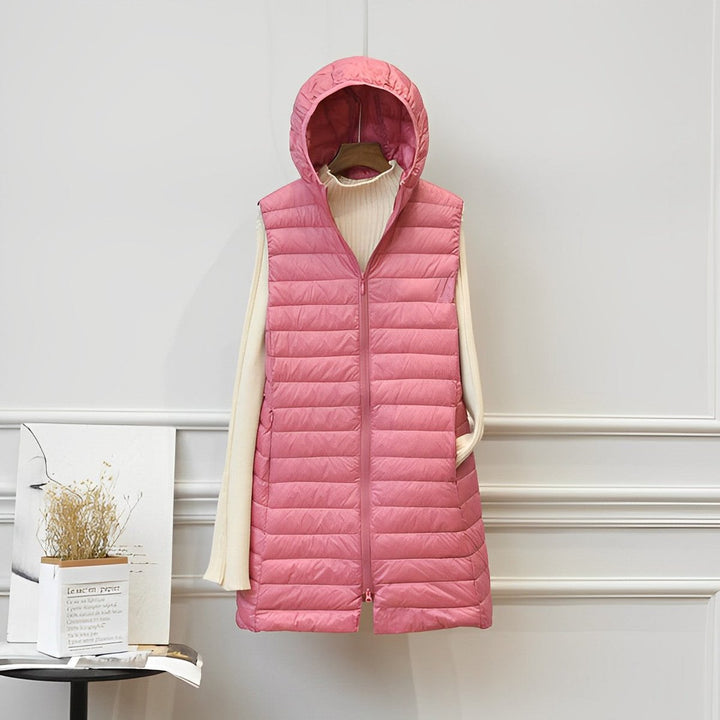 Women's long quilted gilet Ernestina in Pink – front view on hanger
