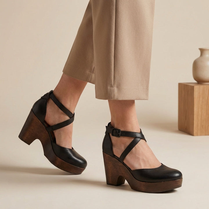 Women's closed toe platform heels Dulcie in Black – on foot side view