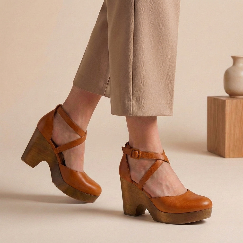 Women's closed toe platform heels Dulcie in Tan – on foot side view