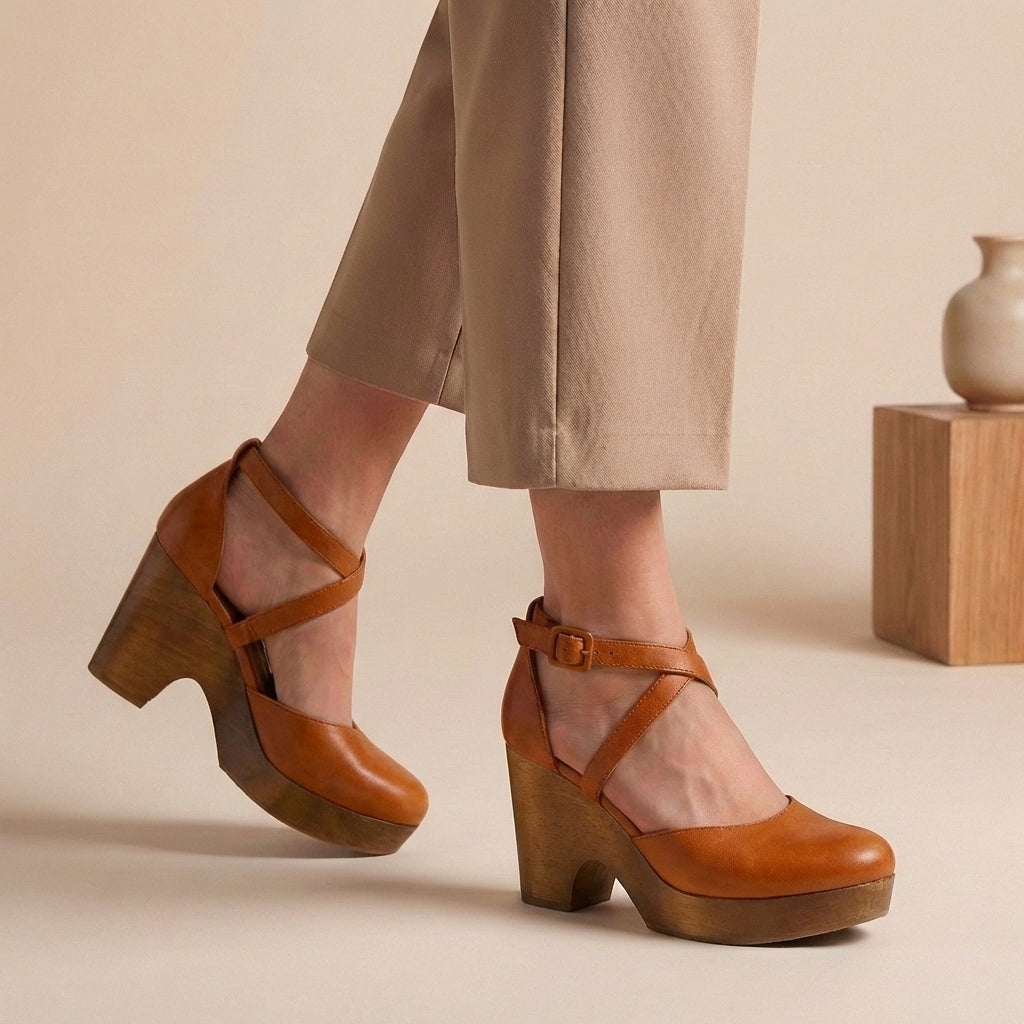 Women's closed toe platform heels Dulcie in Tan – on foot side view