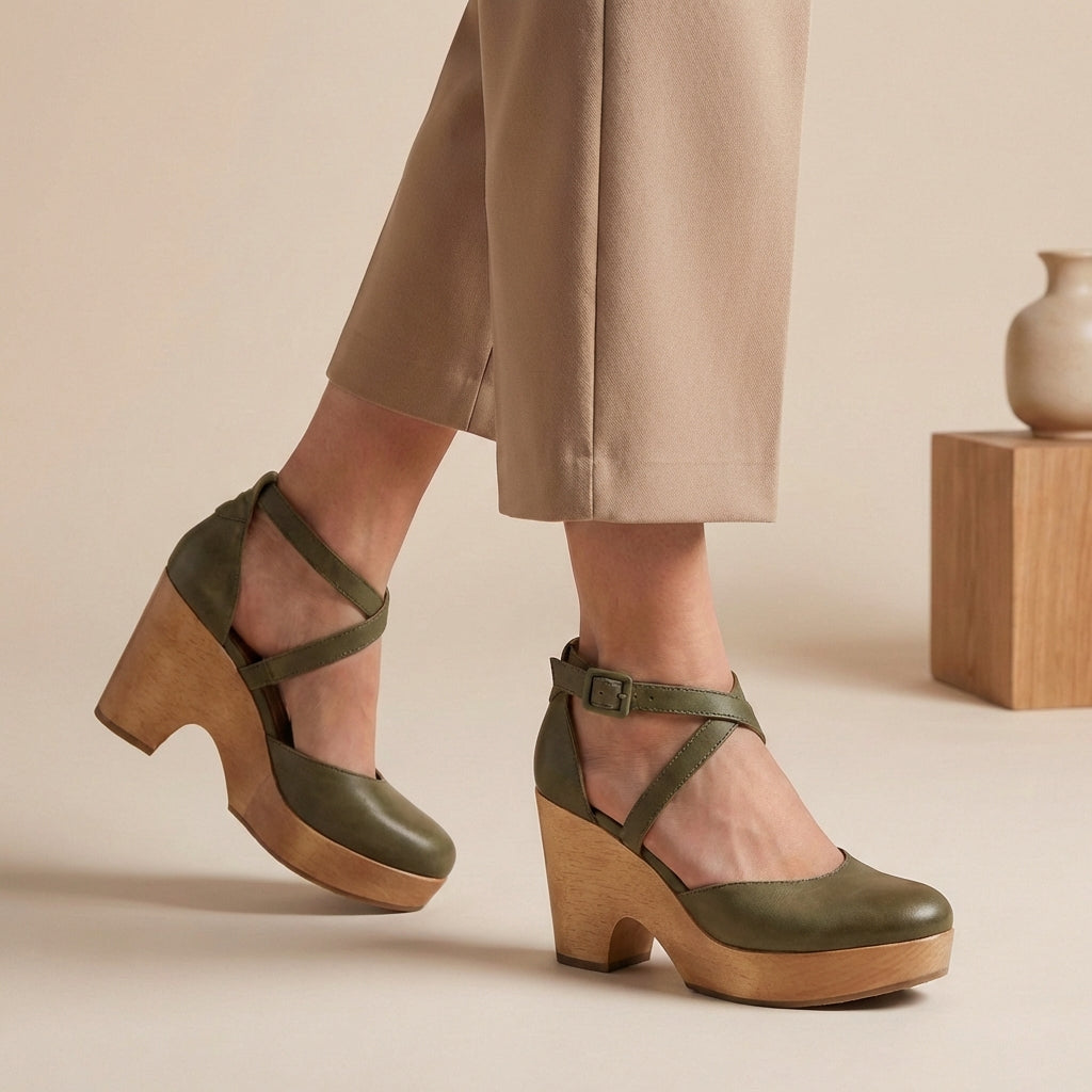 Women's closed toe platform heels Dulcie in Green – on foot side view