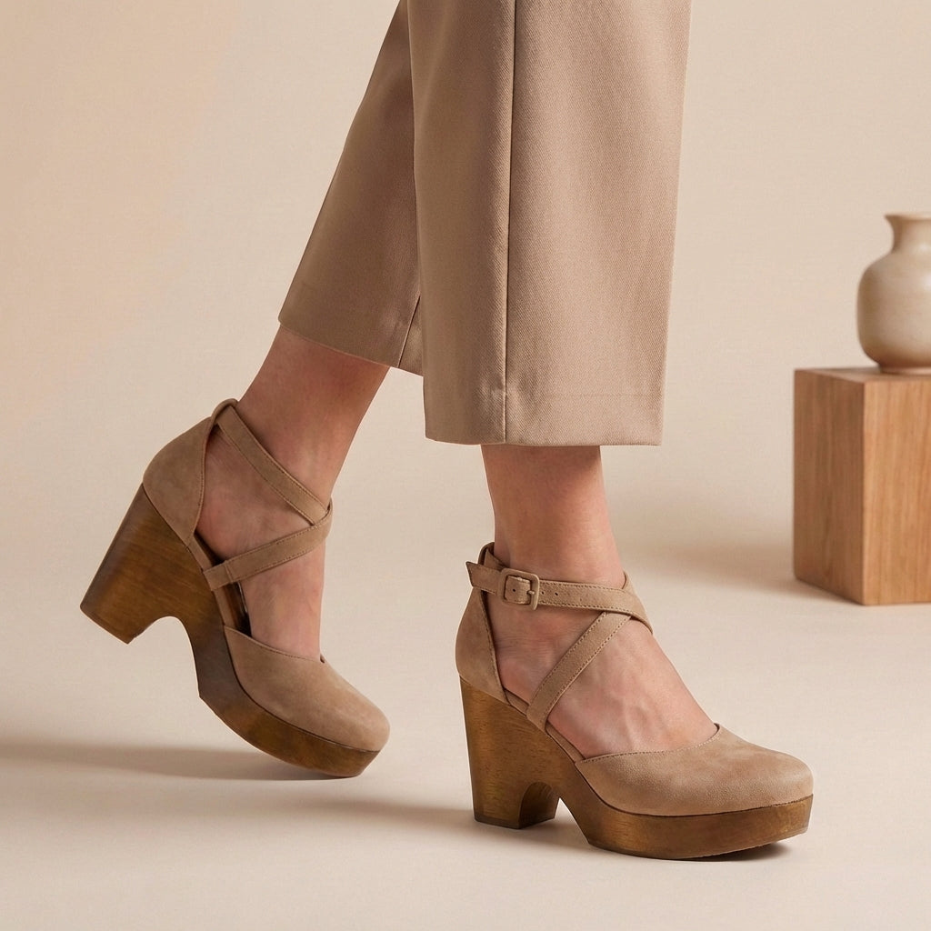 Women's closed toe platform heels Dulcie in Taupe – on foot side view
