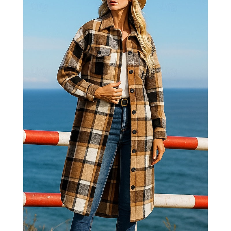 Women's Checked Longline Coat with Button Front