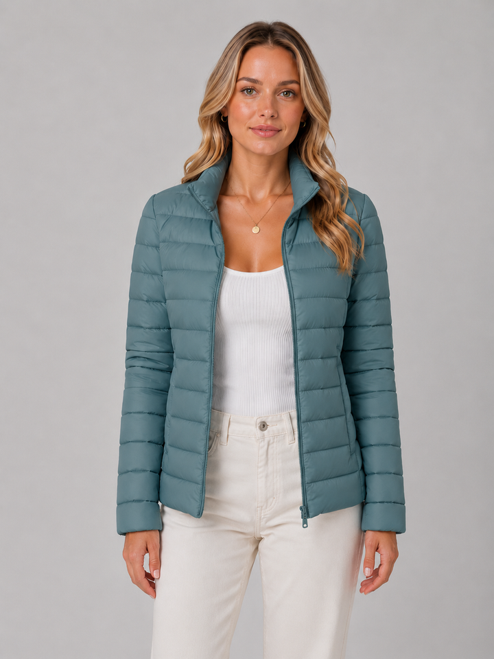Malmesbury women's quilted puffer jacket in Teal – front view, open